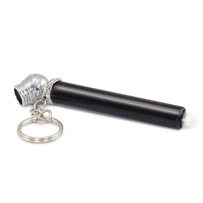 A black tyre pressure gauge key ring with a shiny silver nozzle and a metal keyring attachment.