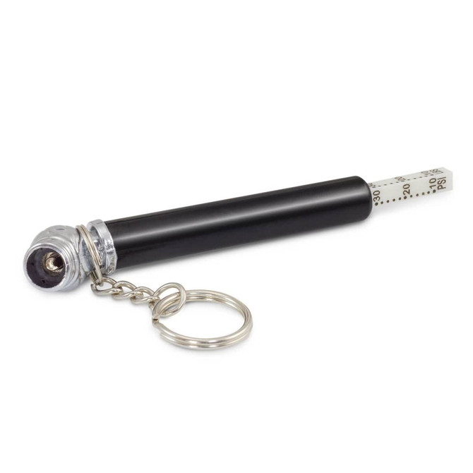 A black tyre pressure gauge key ring with a metal key ring attachment and a measuring scale on one end.