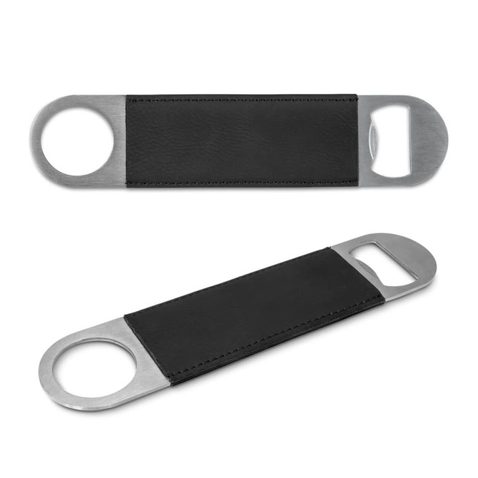 A drink bottle opener featuring a stainless steel body with a black leather grip and a logo.