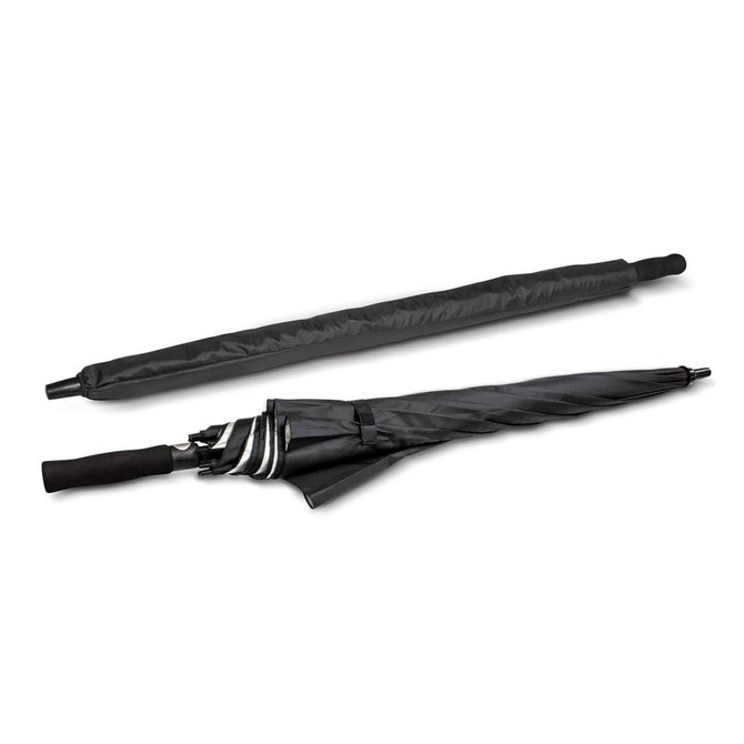 A black umbrella displayed in both its closed and open positions, featuring a sleek design and a comfortable handle.