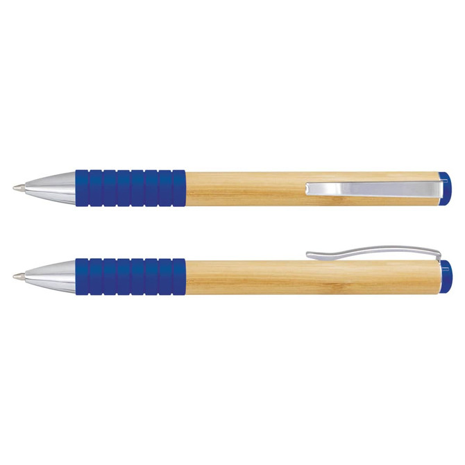 A bamboo twist pen featuring a blue grip and silver accents. The pen has branding visible.