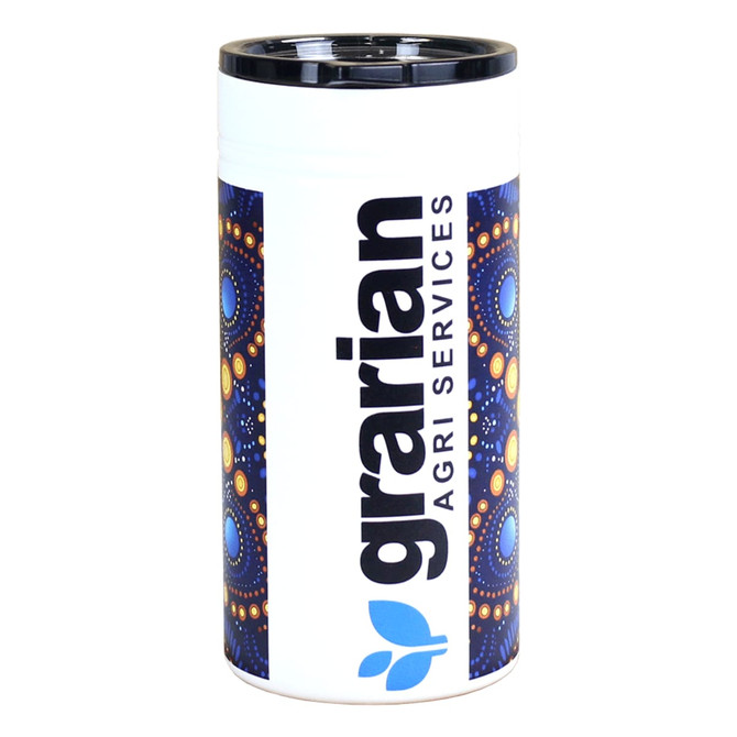 A drink bottle with a colourful tribal design, featuring a black lid and branding on a white background.