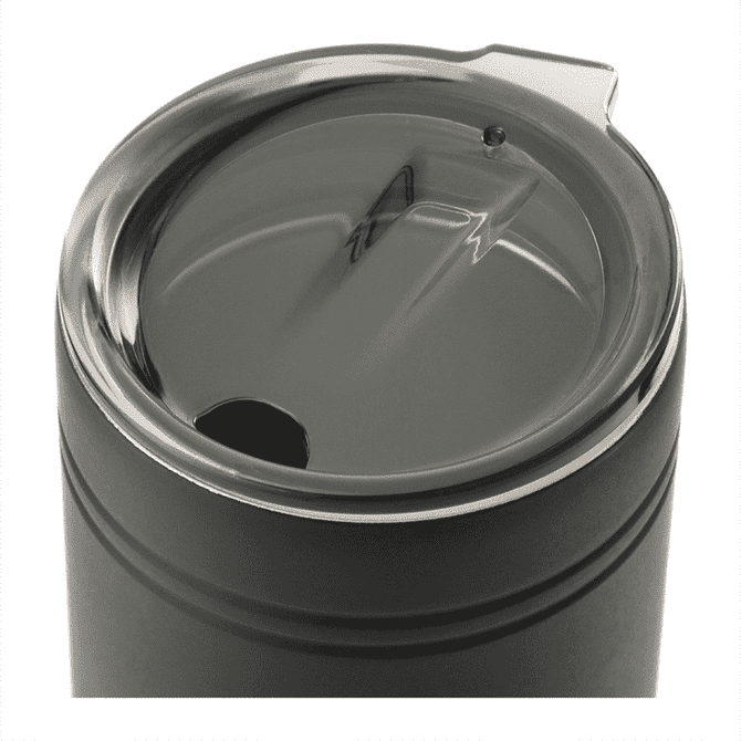 A drink bottle with a sleek black exterior and a clear lid featuring a drinking hole. It has a logo on the side.