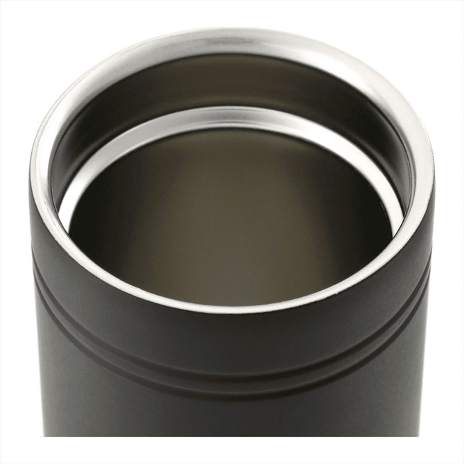 A drink bottle featuring a sleek black design with a metal interior, suitable for travel and beverages.