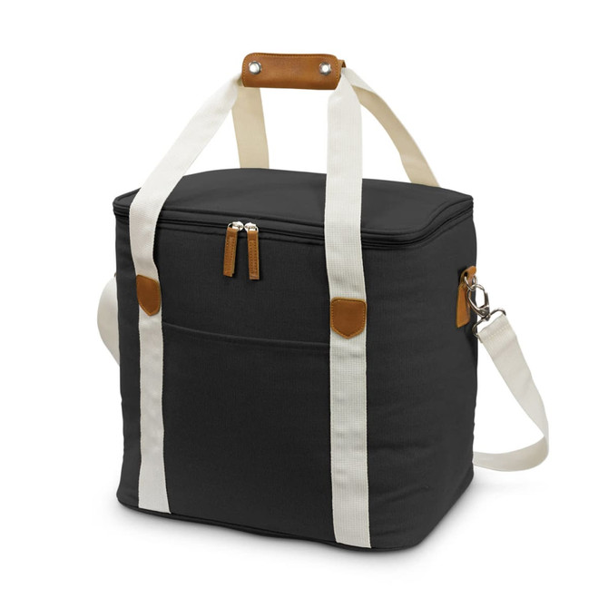 A black canvas cooler bag with white straps and a brown handle, featuring a zippered closure and pocket.