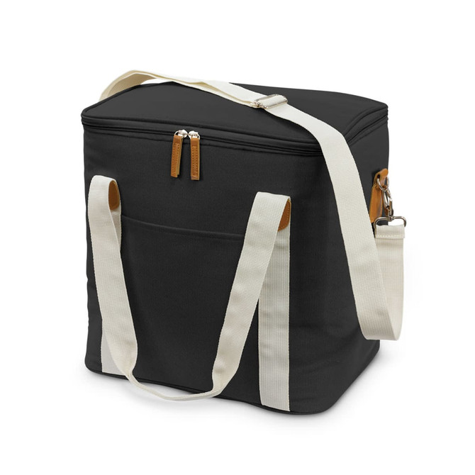 A black canvas cooler bag with cream straps and a zip closure, featuring a front pocket and branding.