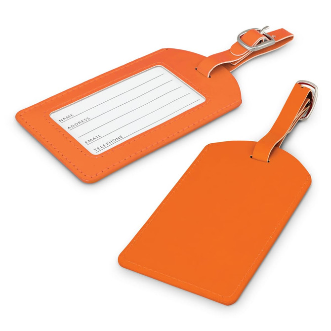 An orange luggage tag featuring a clear window for personal details and a metal clasp for attachment.