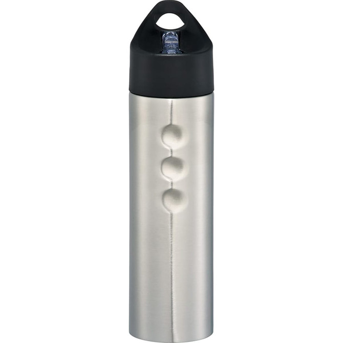 A drink bottle in stainless steel with a black lid, featuring a logo and a unique textured design.