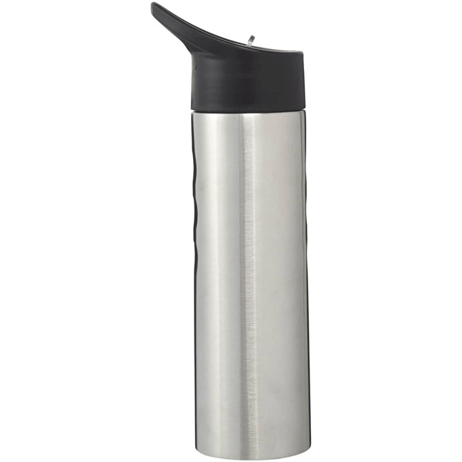 A drink bottle in stainless steel with a black cap and a textured grip design.