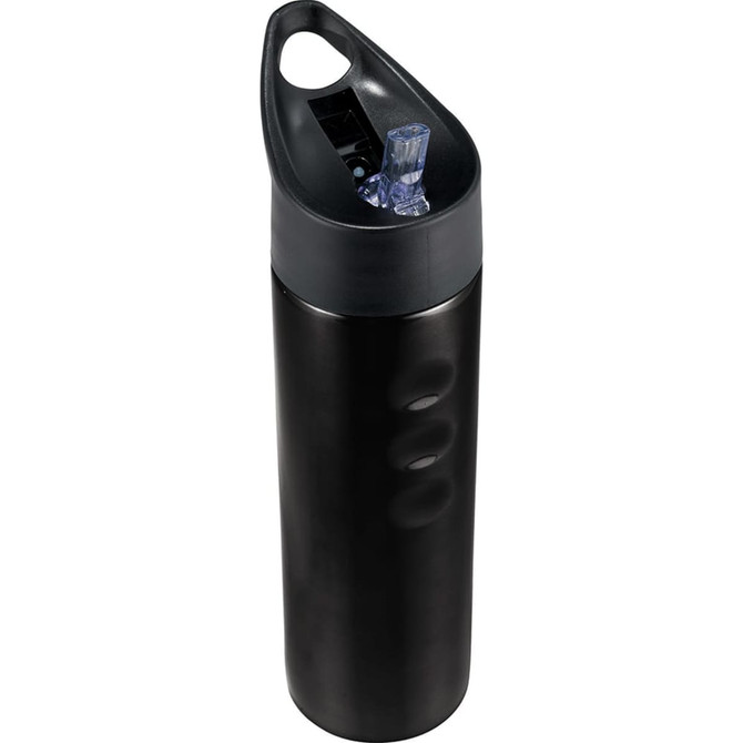 A drink bottle in matte black stainless steel with a curved lid and integrated straw. It features a logo design.