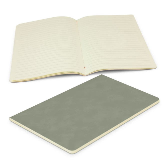 A green Elantra Notebook with lined pages, opened to show the interior, featuring a smooth cover and stitching.
