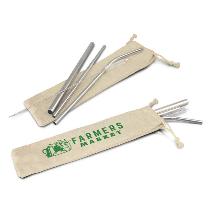 A stainless steel straw set in a natural canvas pouch, featuring four straws and a cleaning brush.