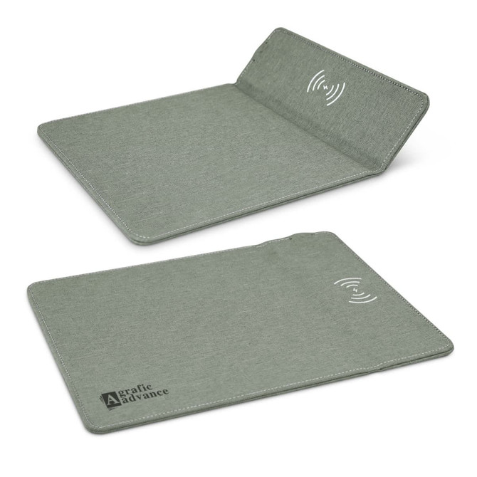 A green wireless charging mouse mat with a sleek design, featuring a subtle branding on the surface.