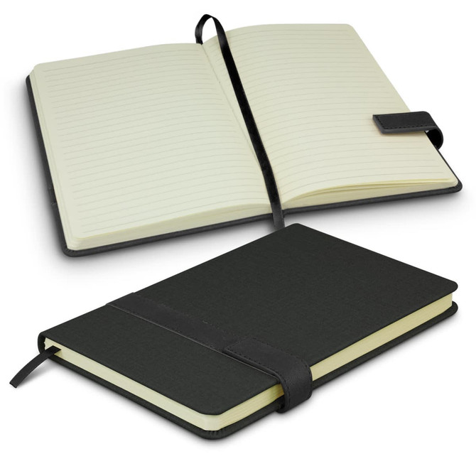 A black notebook with a textured cover, featuring lined pages and a ribbon bookmark. It has an elastic closure.