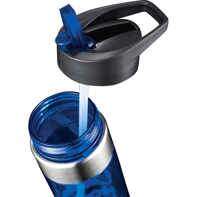 A drink bottle in bright blue with a stainless steel base and a black flip-top lid, featuring a straw.