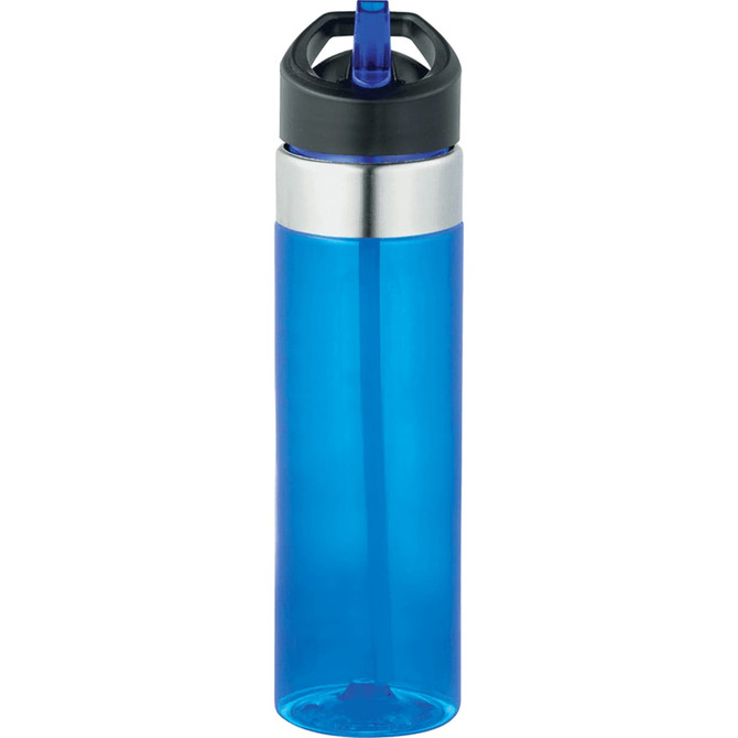 A drink bottle in vibrant blue with a black lid and stainless steel detailing. It has a built-in straw.