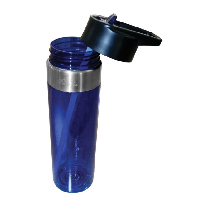A drink bottle in blue with a silver band and a black cap, featuring a logo on the side.