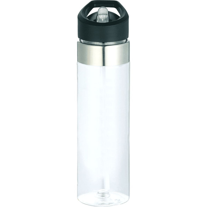 A drink bottle with a clear body, black lid, and stainless steel accent, holding 600ml of liquid.