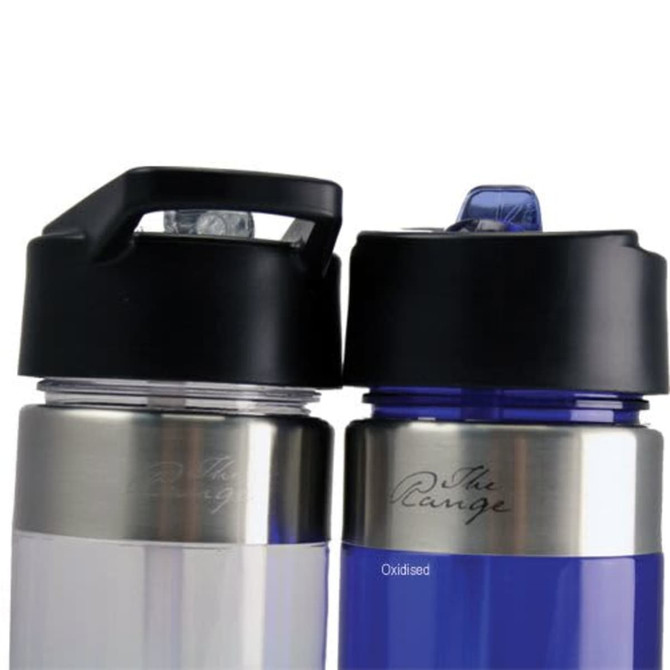 A drink bottle featuring a black lid, stainless steel base, and a combination of clear and blue body. It includes a logo.