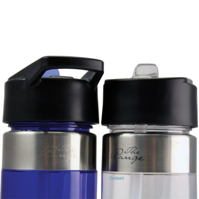 A drink bottle in blue and silver, featuring two different black lids and a logo on the body.