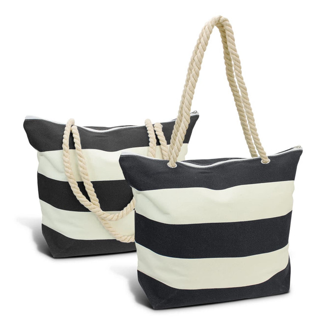 A Bali tote bag featuring alternating black and cream stripes with sturdy rope handles.