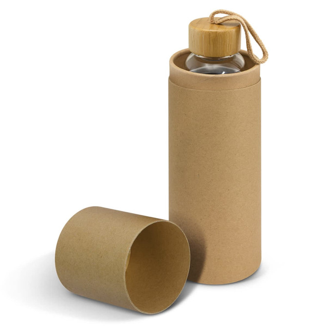 A drink bottle with a glass body and bamboo lid, presented in a cylindrical brown cardboard packaging.