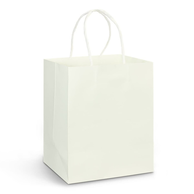 A medium-sized white paper carry bag with sturdy handles and a plain design. It features a logo.