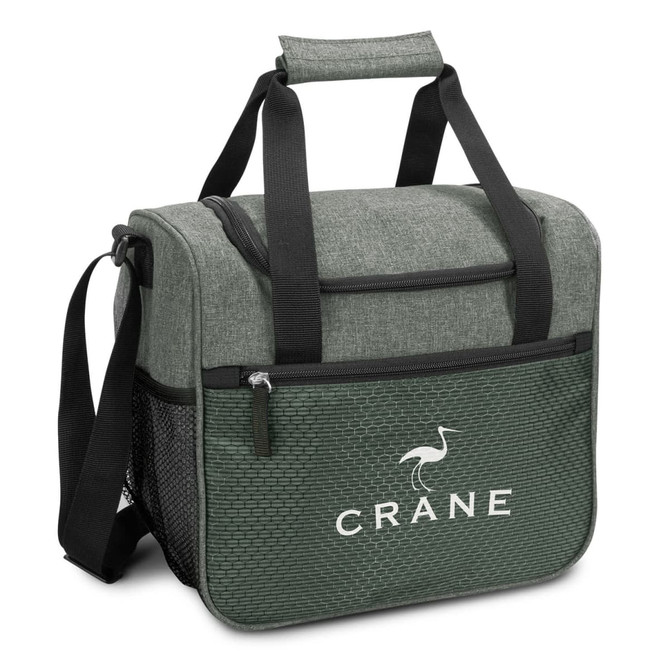 A green cooler bag with a textured exterior, featuring a mesh side pocket and a logo.