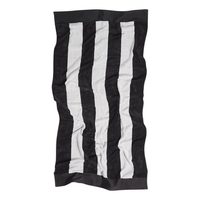 A black and white striped beach towel with a solid coloured border and a logo at one end.