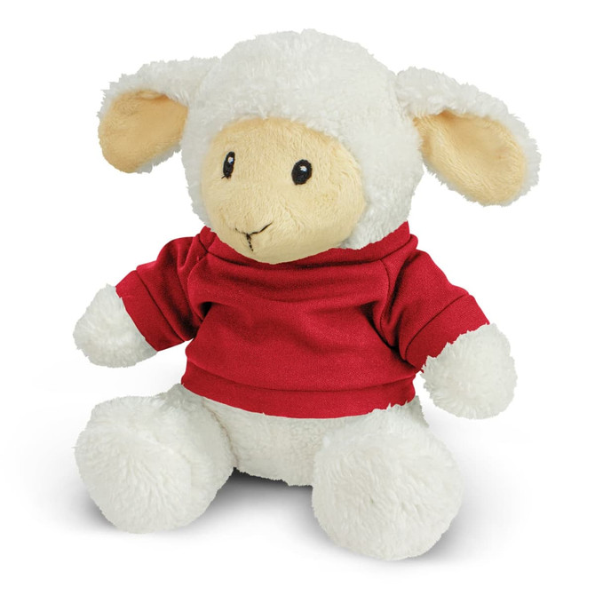 A soft, fluffy white lamb plush toy wearing a red shirt, featuring a friendly face and floppy ears.