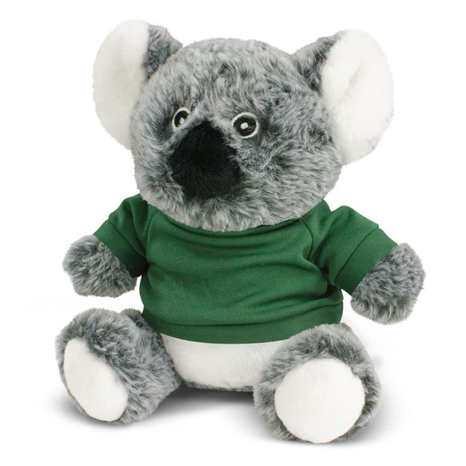 A grey koala plush toy wearing a green shirt, featuring large ears and a cute expression. It has a logo on its shirt.