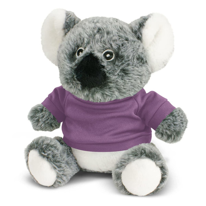 A grey koala plush toy with black detailing, wearing a purple shirt, featuring a branding logo.