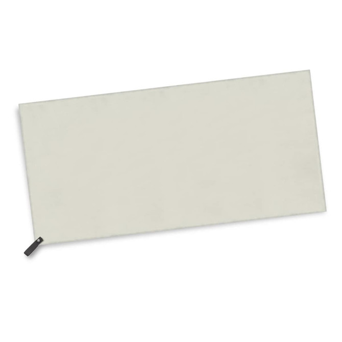 A light grey beach towel with a zipper detail and a logo on the corner, ideal for leisure activities.