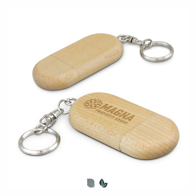 A wooden flash drive with a keychain attachment, featuring a logo on one side.