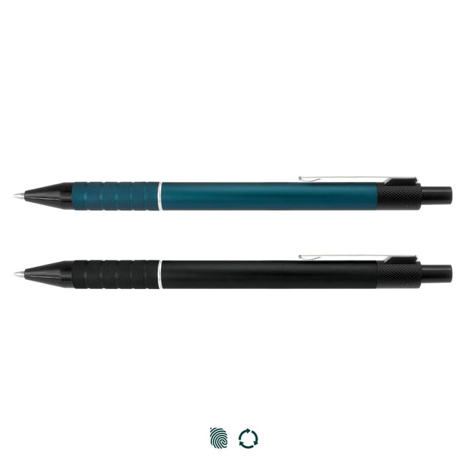A metal pen set featuring a teal pen and a black pen, each with a sleek design and textured grip.