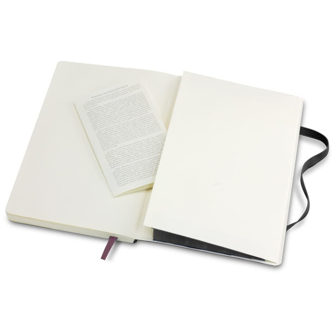 A large, soft cover Moleskine notebook in black with an open page revealing a blank inner page.