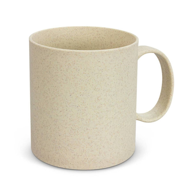 A coffee mug in a speckled beige colour with a sturdy handle. The mug features a logo on one side.
