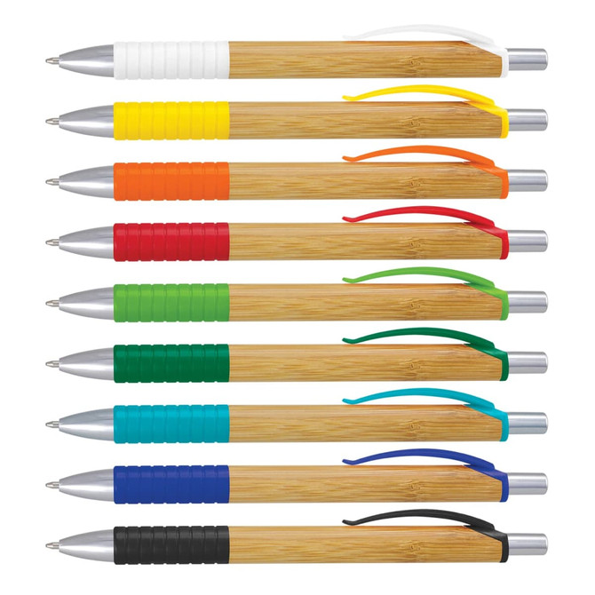A collection of metal pens with bamboo bodies, featuring various colours for the grips and clips. Each pen has a logo.