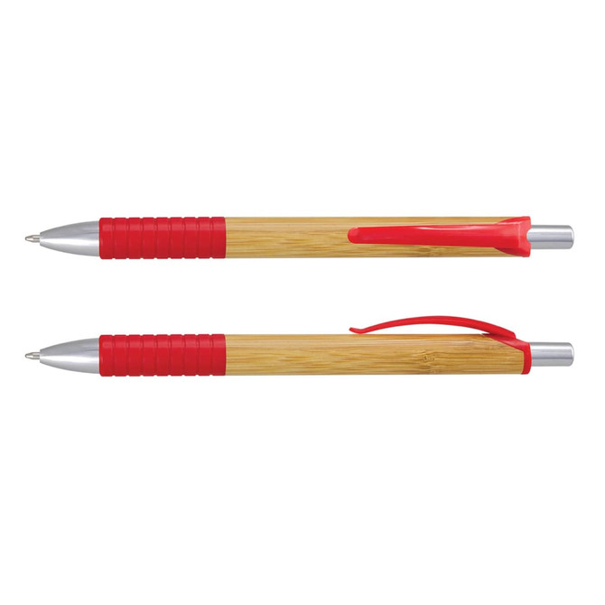 A bamboo pen featuring a silver tip and red accents, including a grip and clip. The pen has a logo.