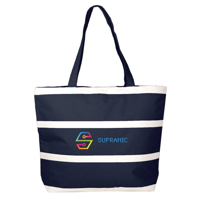 A navy blue insulated cooler bag with white stripes and a logo in the centre. Suitable for carrying food and drinks.