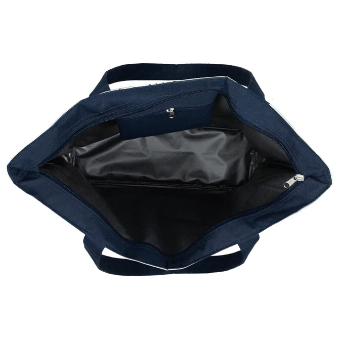 An insulated cooler bag in navy blue with a spacious interior and zippers. Includes an inner pocket and a logo.