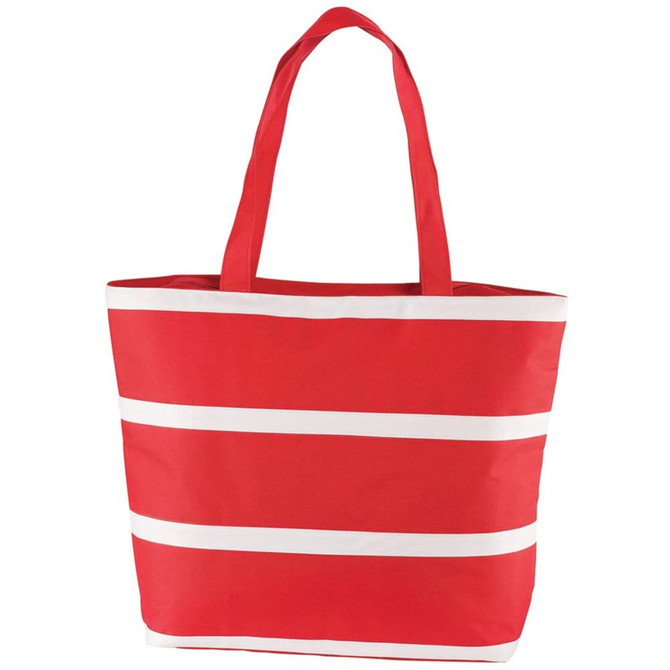A red insulated cooler bag with white stripes and two handles. It features a logo on the front.