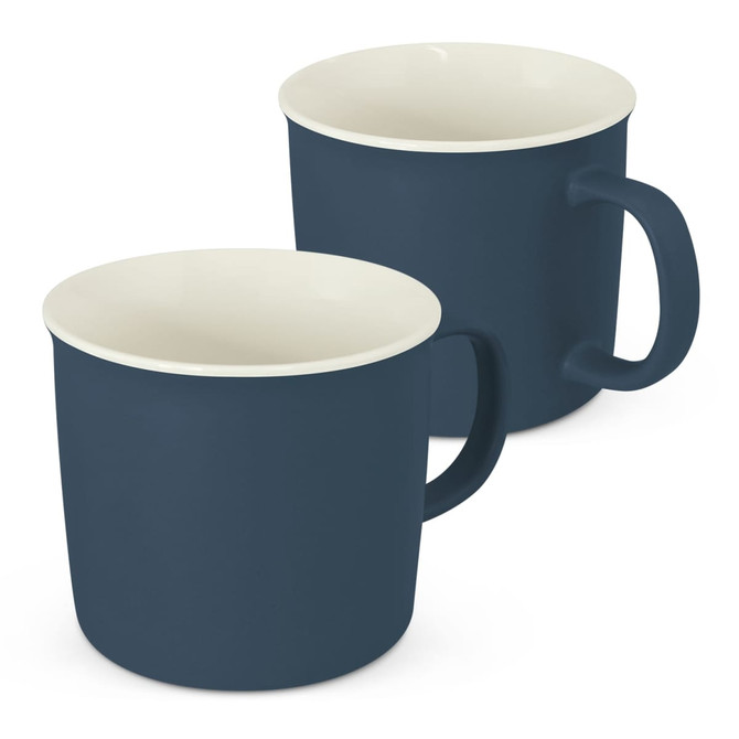 A coffee mug set featuring a dark blue exterior and a contrasting light interior, with an ergonomic handle.