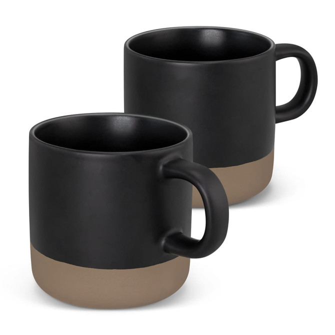 Two black coffee mugs with a matte finish and a beige textured base, featuring a handle and logos.
