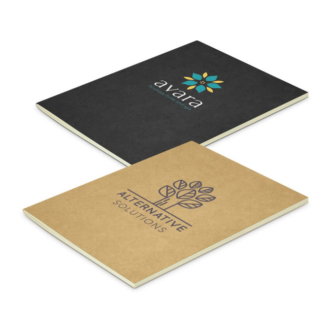 A small notebook featuring a black cover with a logo and a brown cover with a logo, showcasing a minimalist design.