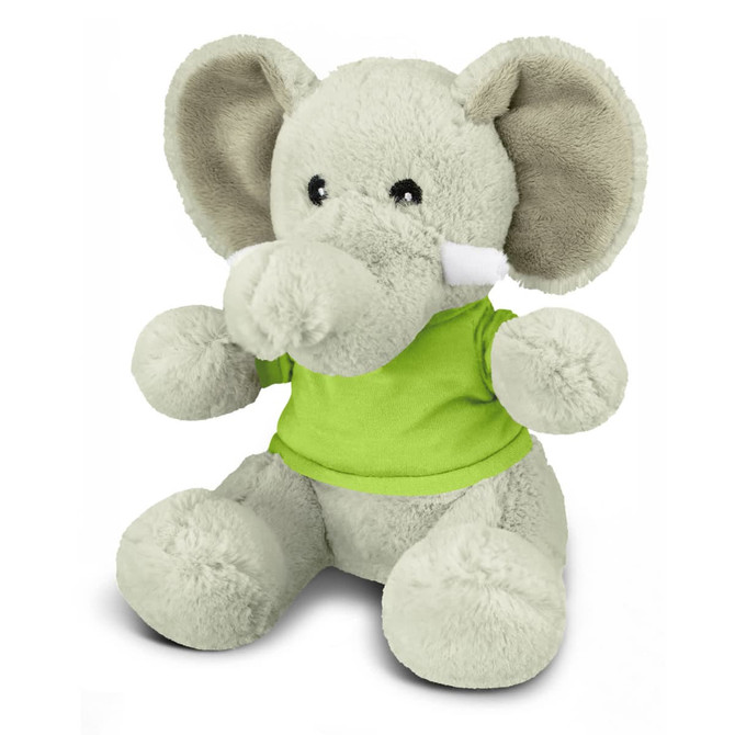 A soft grey elephant plush toy wearing a green shirt, featuring large ears and a friendly expression.