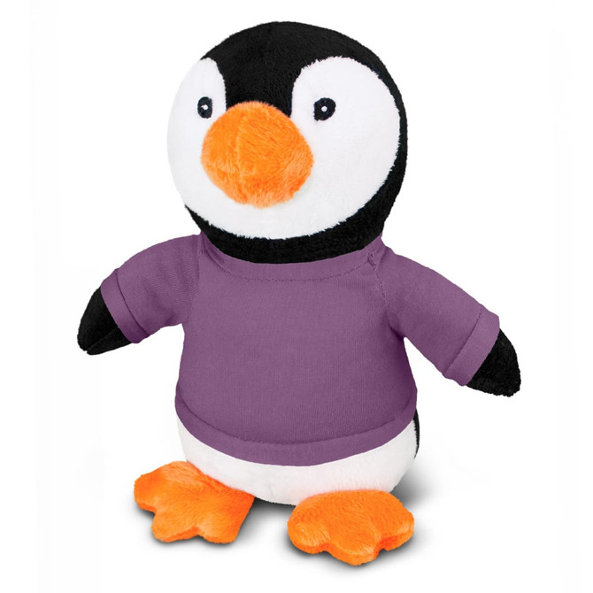 A plush penguin toy with a black and white body, orange beak and feet, wearing a purple shirt.