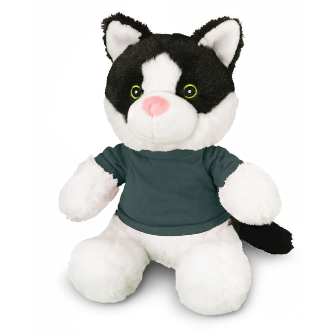 A plush black and white cat toy wearing a dark grey shirt, featuring large green eyes and a pink nose.