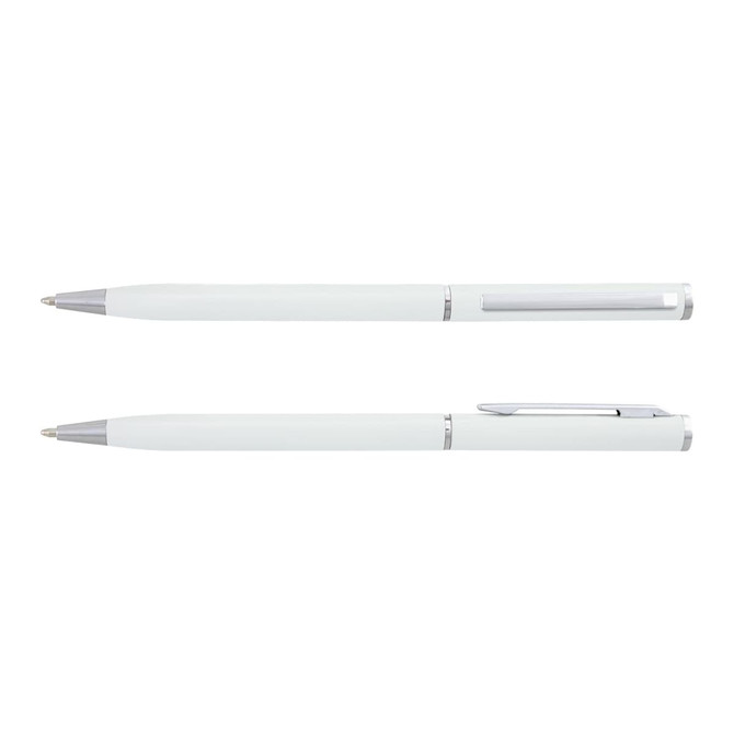 A metal pen in white with silver accents, featuring a sleek design and a clip. It has a branding logo.