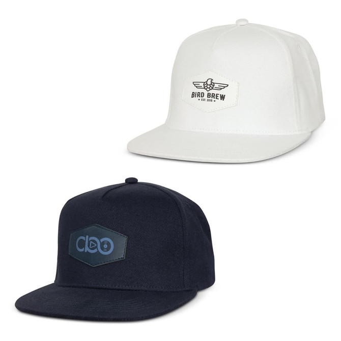 A white cap with a logo and a navy blue cap with a patch, both featuring flat peaks.